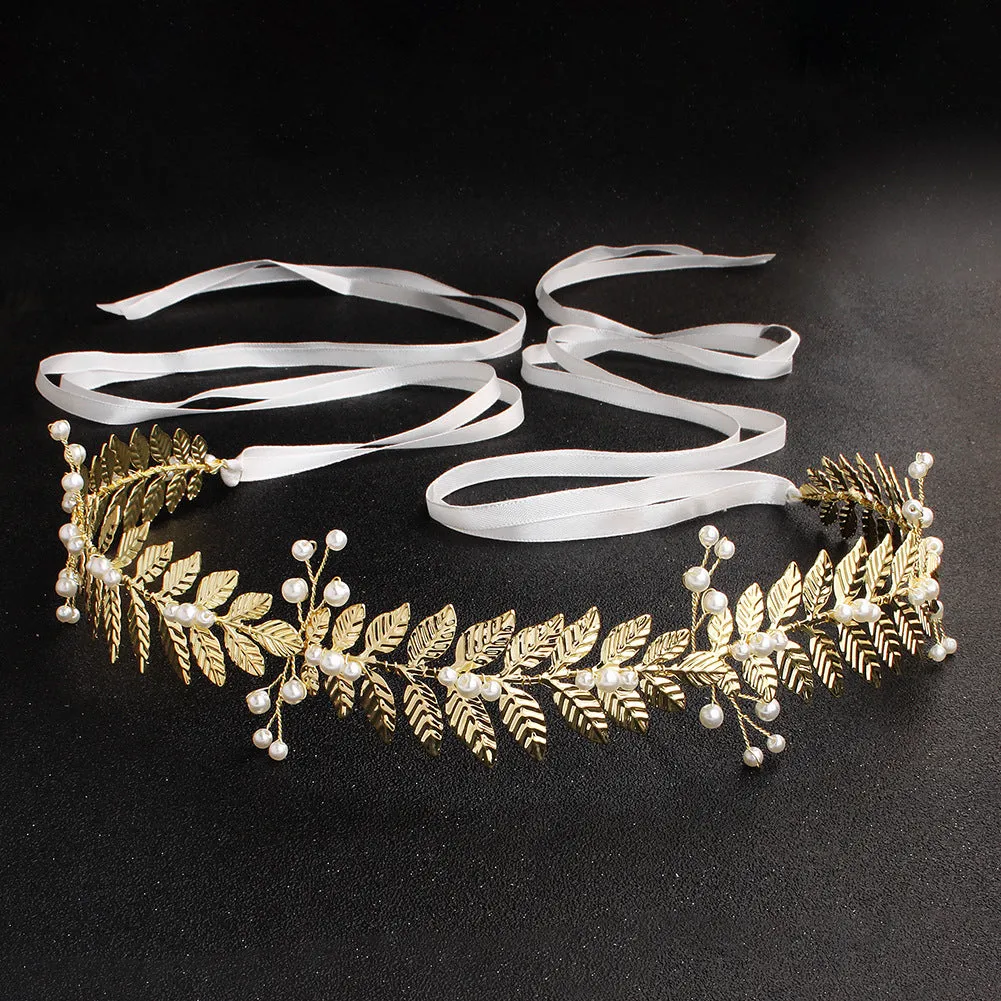 Western Style Retro Pearl Sashes Golden Leaves Wedding Dress Waist chain