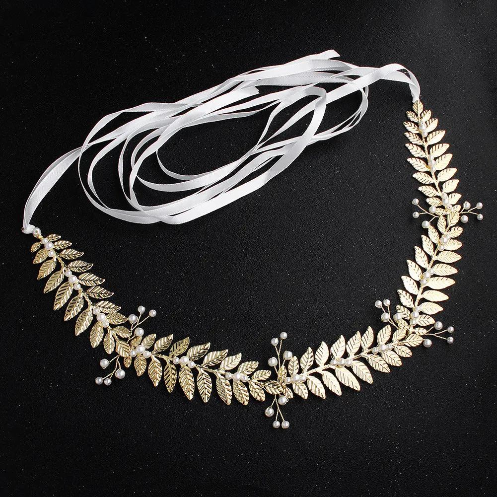 Western Style Retro Pearl Sashes Golden Leaves Wedding Dress Waist chain