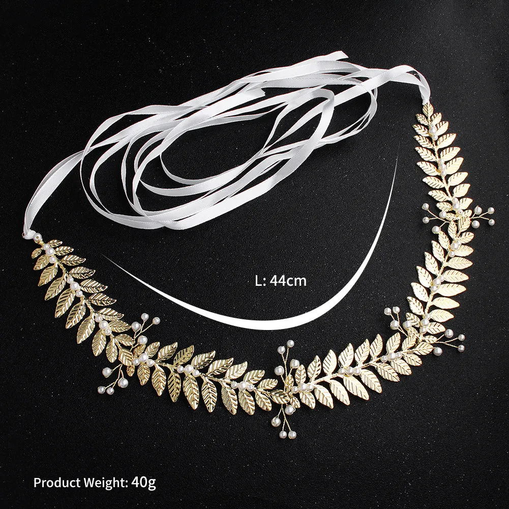 Western Style Retro Pearl Sashes Golden Leaves Wedding Dress Waist chain