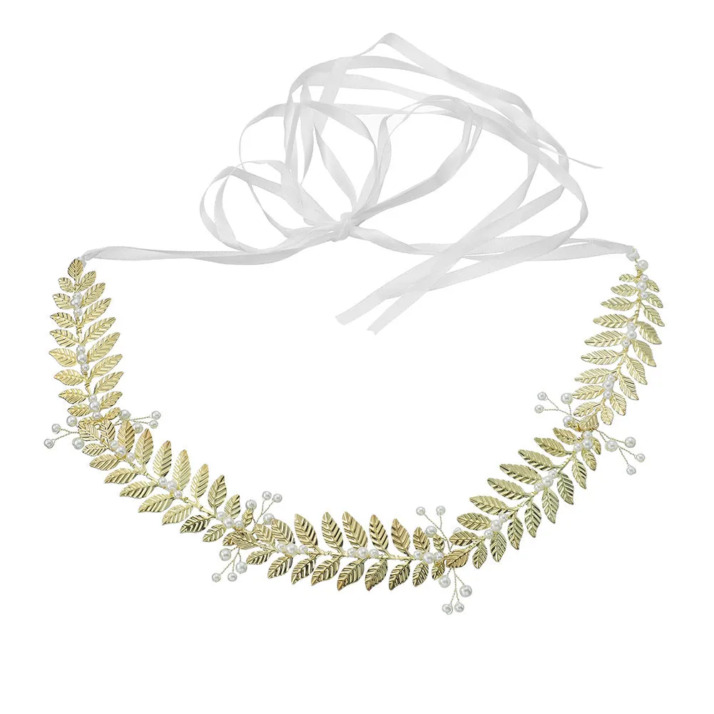 Western Style Retro Pearl Sashes Golden Leaves Wedding Dress Waist chain