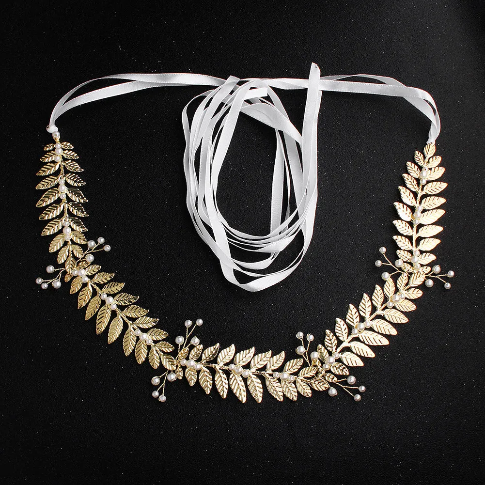 Western Style Retro Pearl Sashes Golden Leaves Wedding Dress Waist chain