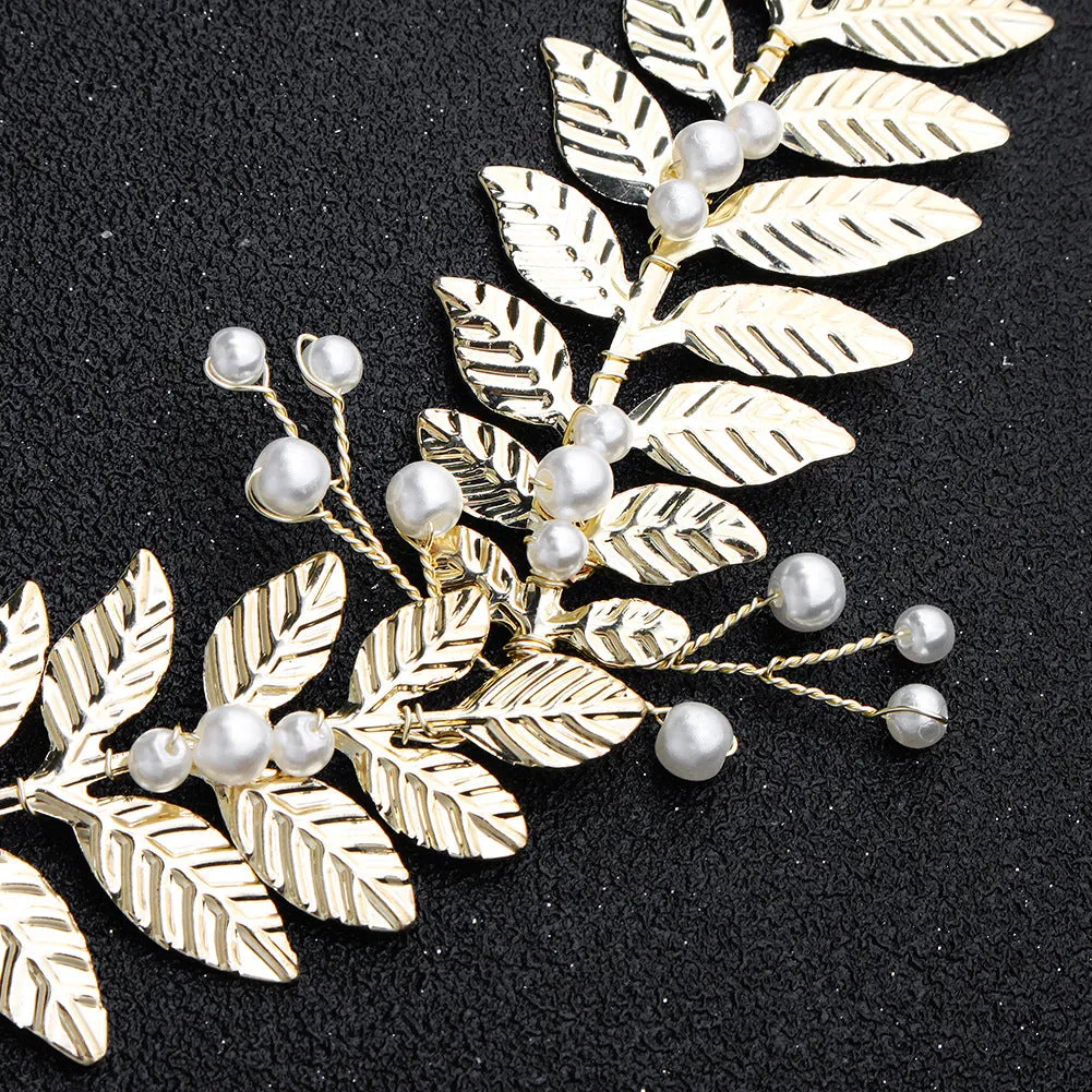 Western Style Retro Pearl Sashes Golden Leaves Wedding Dress Waist chain