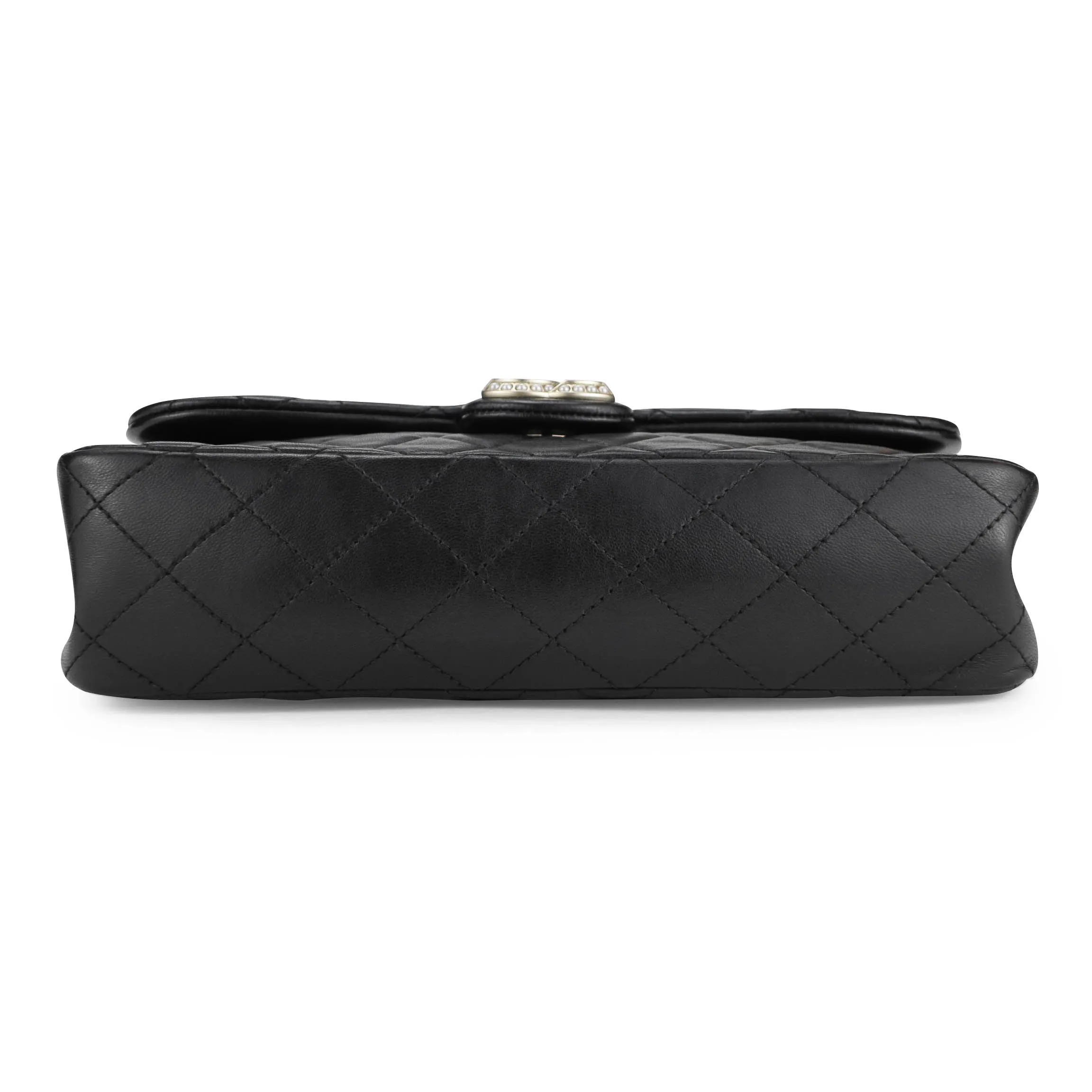 Westminster Pearl Strap Single Flap Bag in Black Lambskin