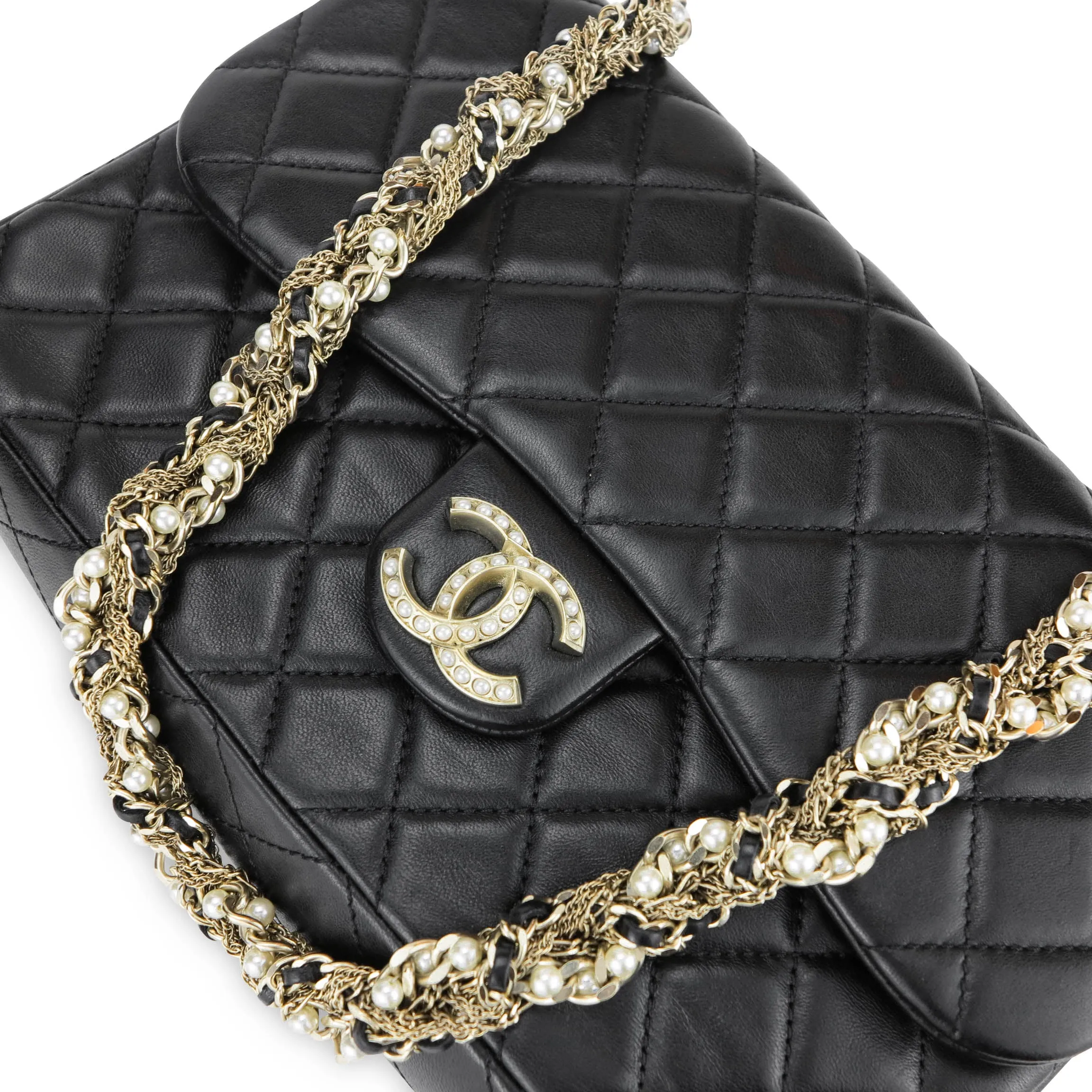 Westminster Pearl Strap Single Flap Bag in Black Lambskin