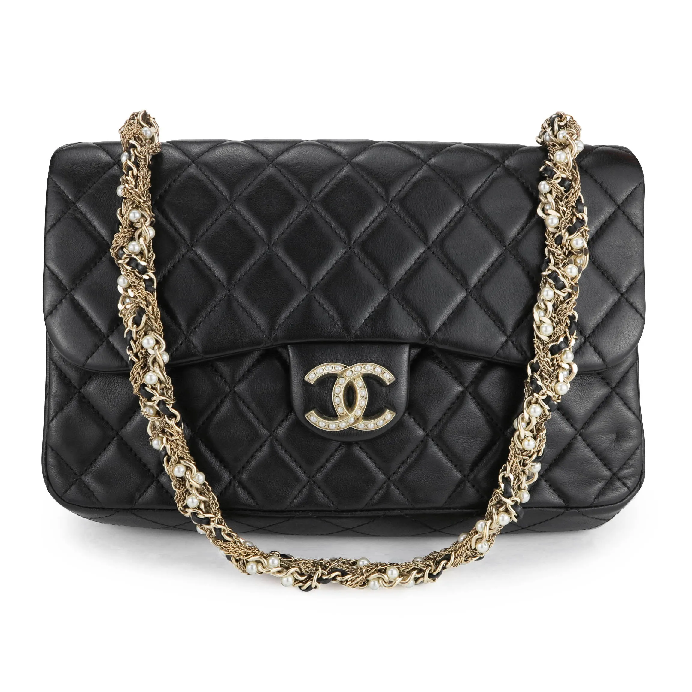 Westminster Pearl Strap Single Flap Bag in Black Lambskin