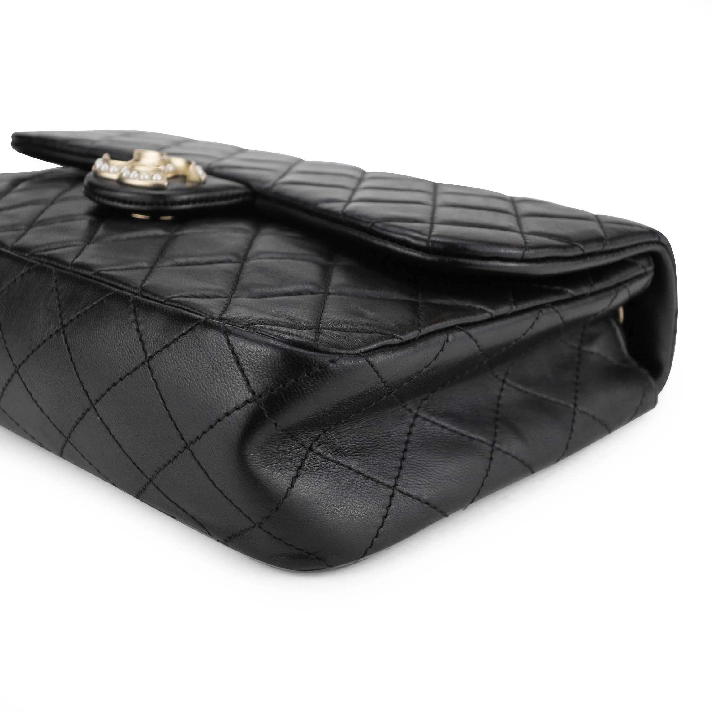 Westminster Pearl Strap Single Flap Bag in Black Lambskin