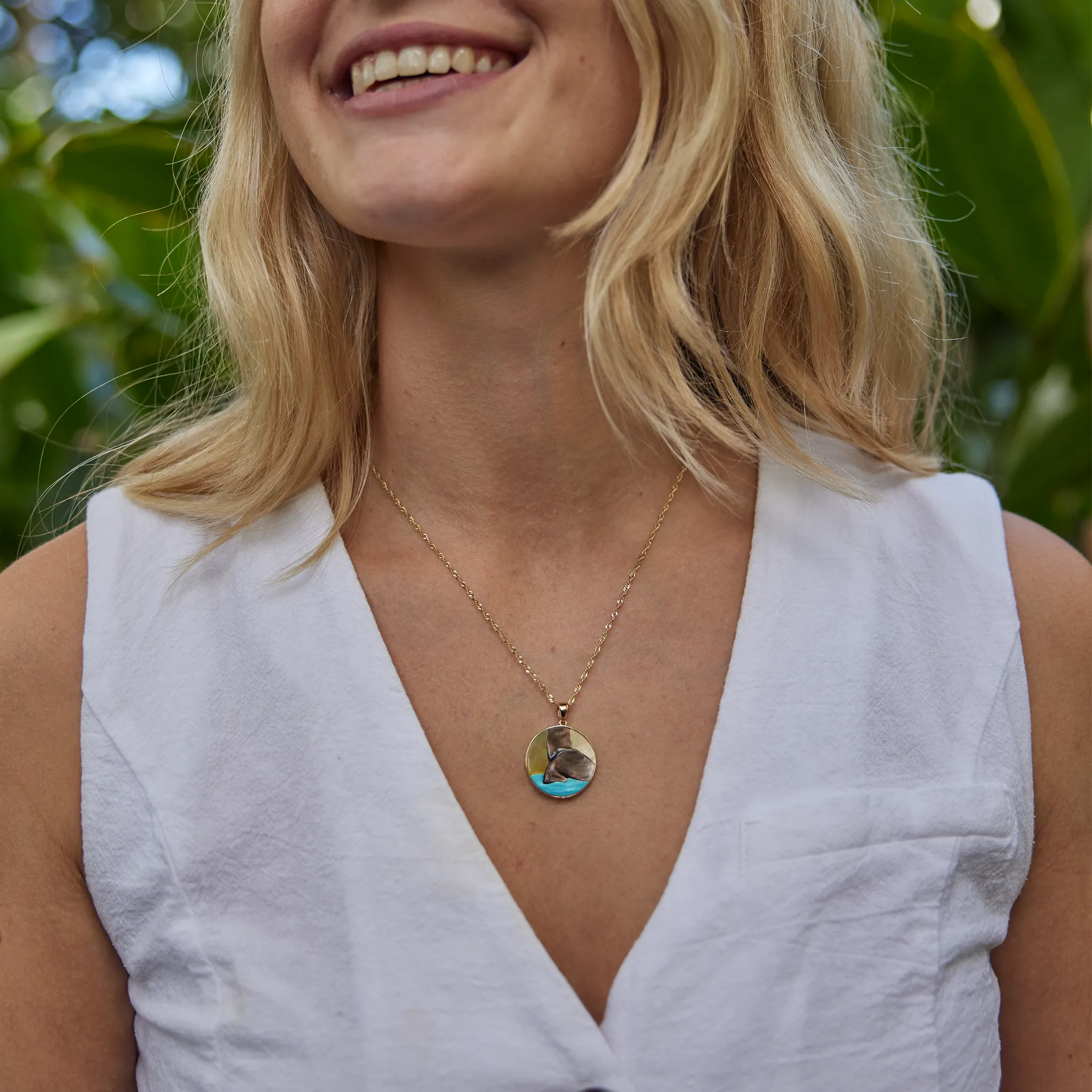 Whale Tail Mother of Pearl & Turquoise Pendant in Gold - 22mm