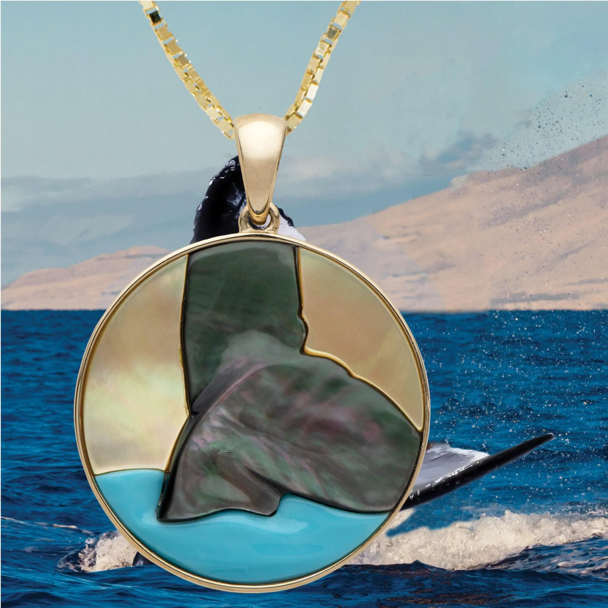 Whale Tail Mother of Pearl & Turquoise Pendant in Gold - 22mm