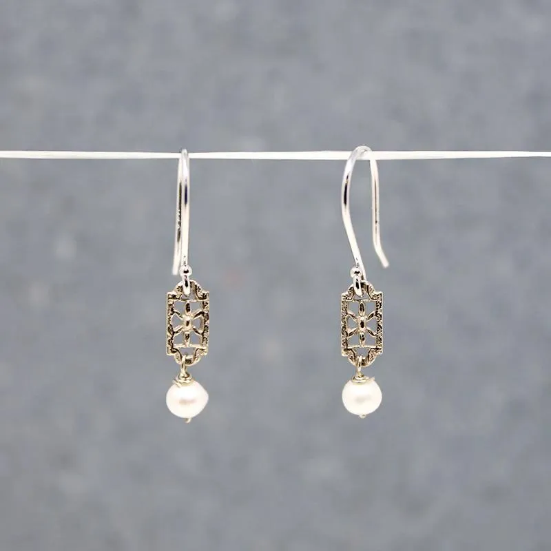 White Gold Filigree & Pearl Earrings by brunet