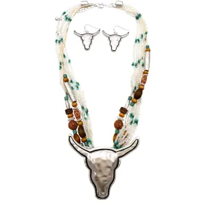 White Navajo Bead Longhorn Pendant Necklace: White