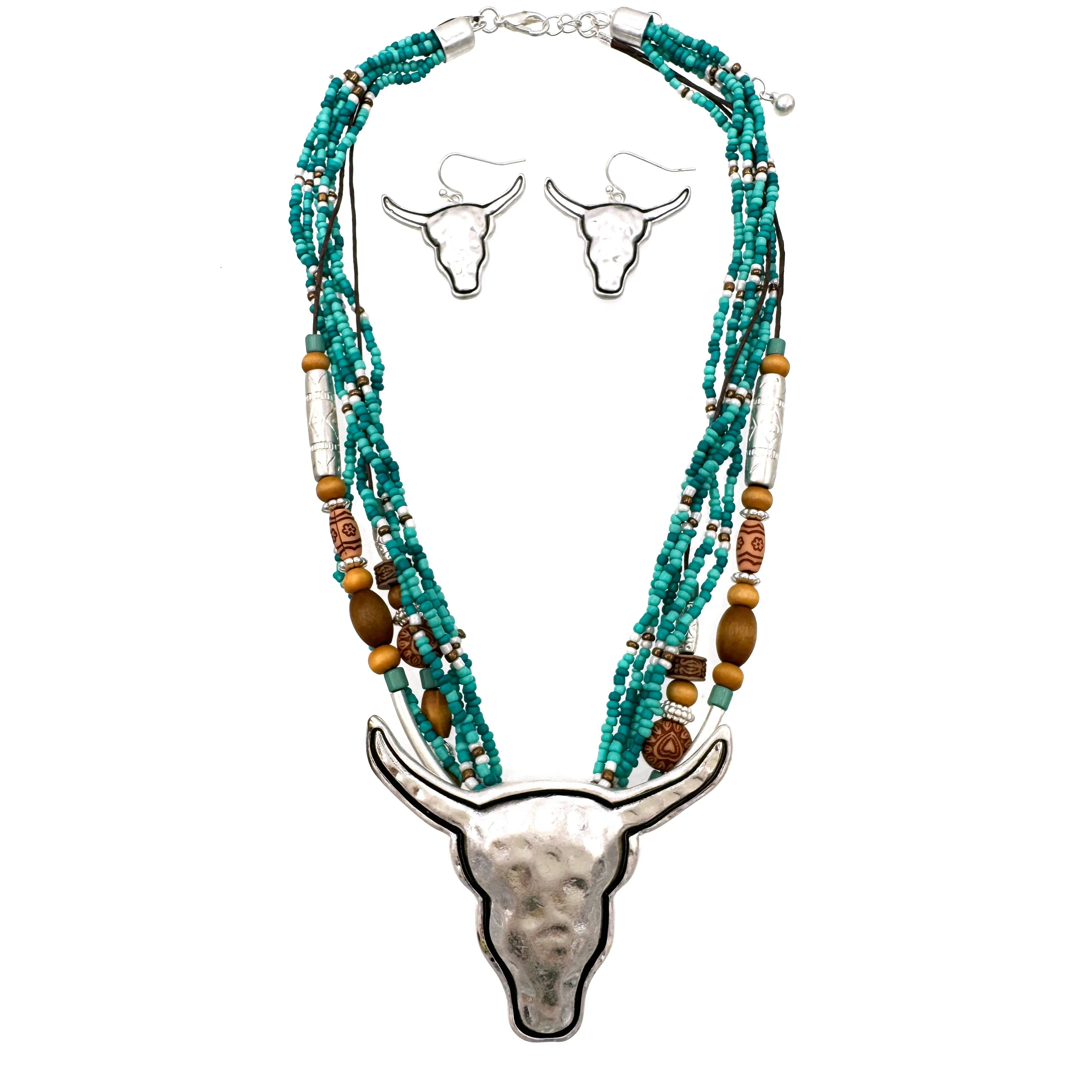 White Navajo Bead Longhorn Pendant Necklace: White