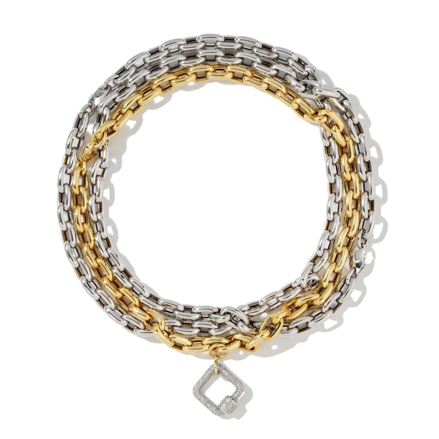 White Square Carabiner on Double White & Yellow Chain Necklace