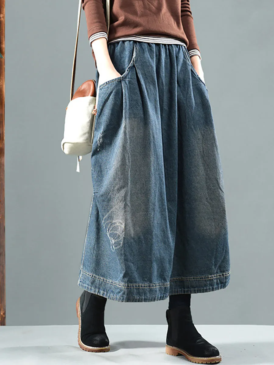 Women Retro Fade Pocket Elastic Waist Denim Skirt