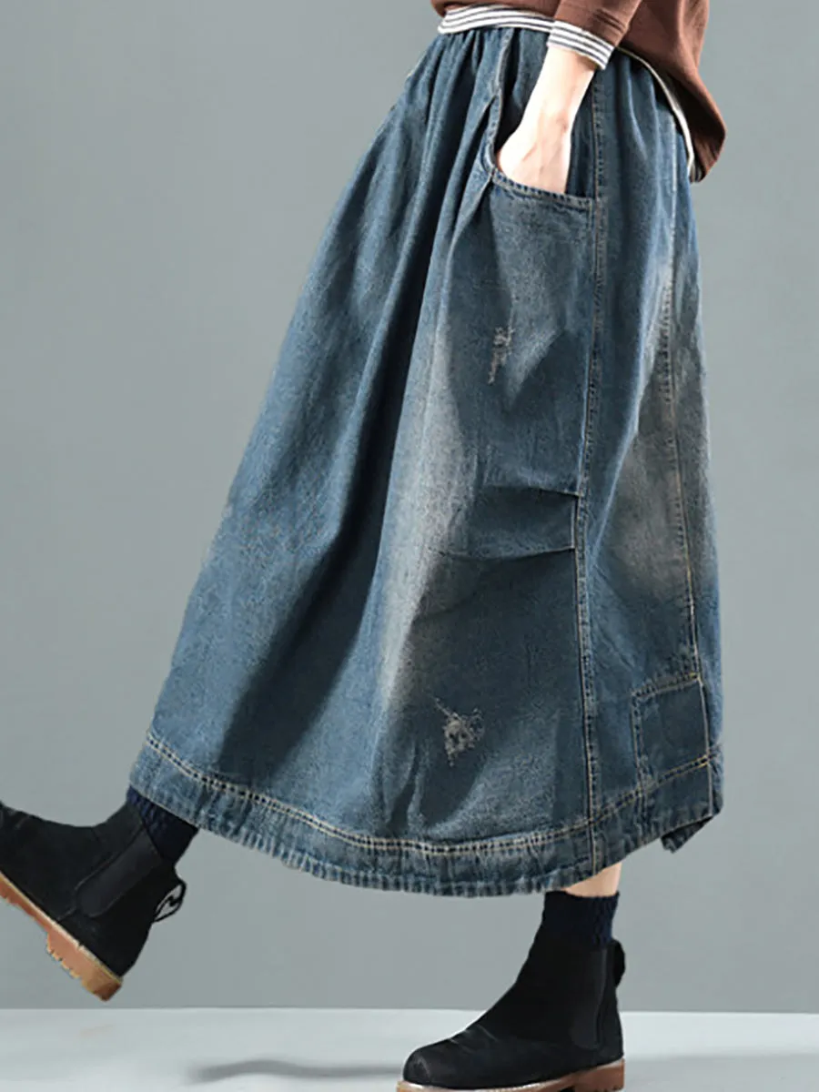 Women Retro Fade Pocket Elastic Waist Denim Skirt