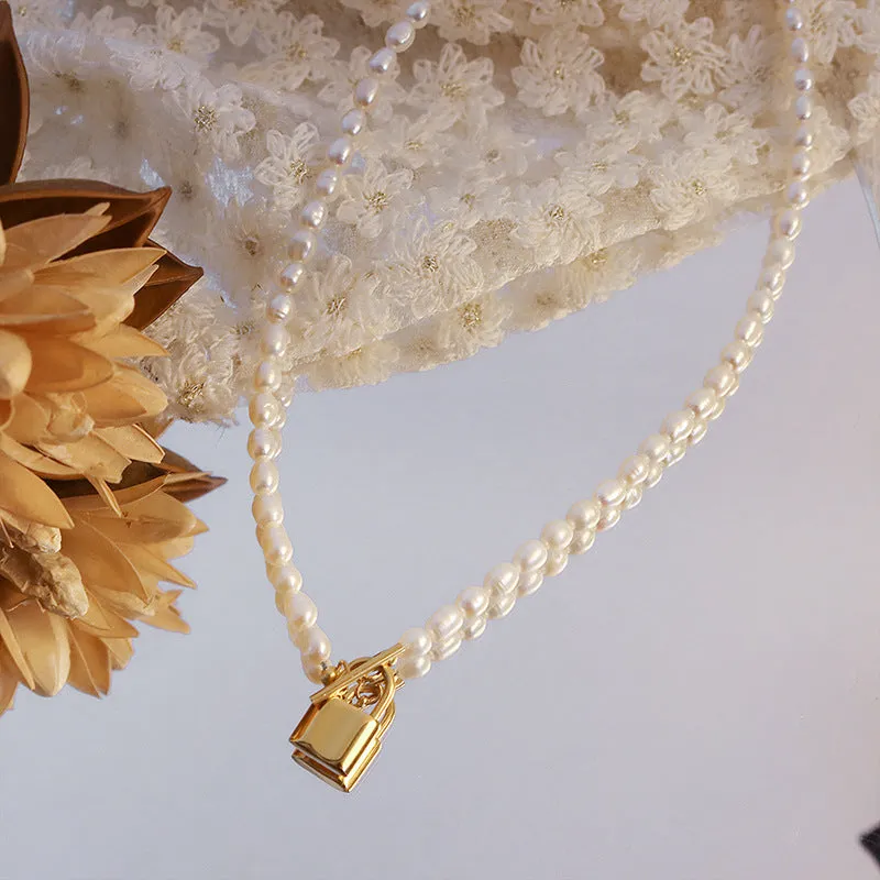 Women's Jewelry 18K Gold Plated Stainless Steel Locket Padlock Pendant Fresh water Pearl Choker Necklace.