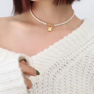 Women's Jewelry 18K Gold Plated Stainless Steel Locket Padlock Pendant Fresh water Pearl Choker Necklace.