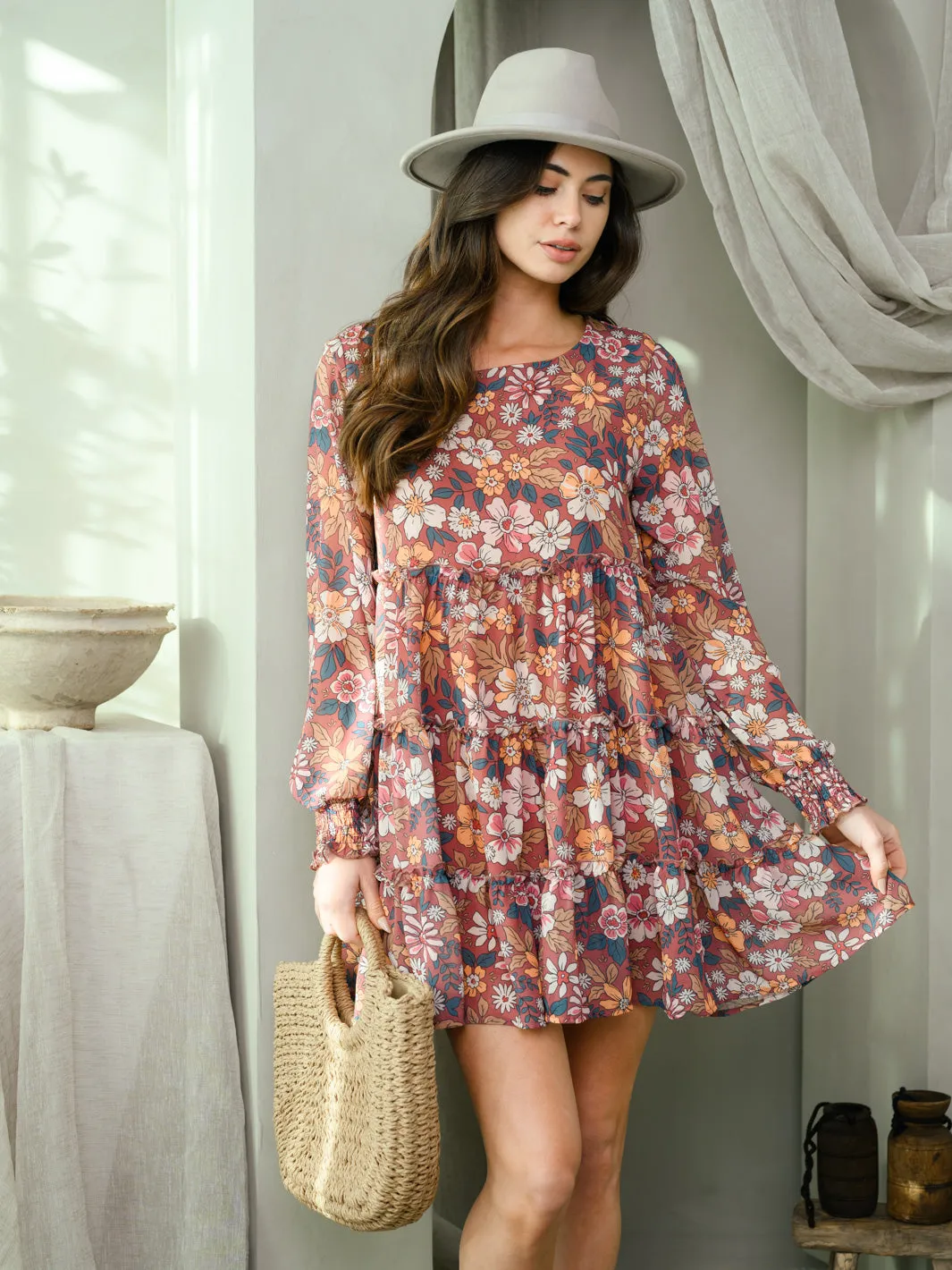 WOMEN'S LONG SLEEVE RETRO FLORAL MINI DRESS