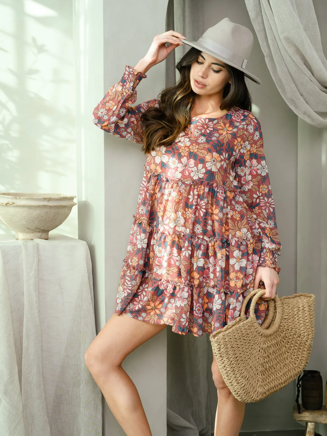 WOMEN'S LONG SLEEVE RETRO FLORAL MINI DRESS