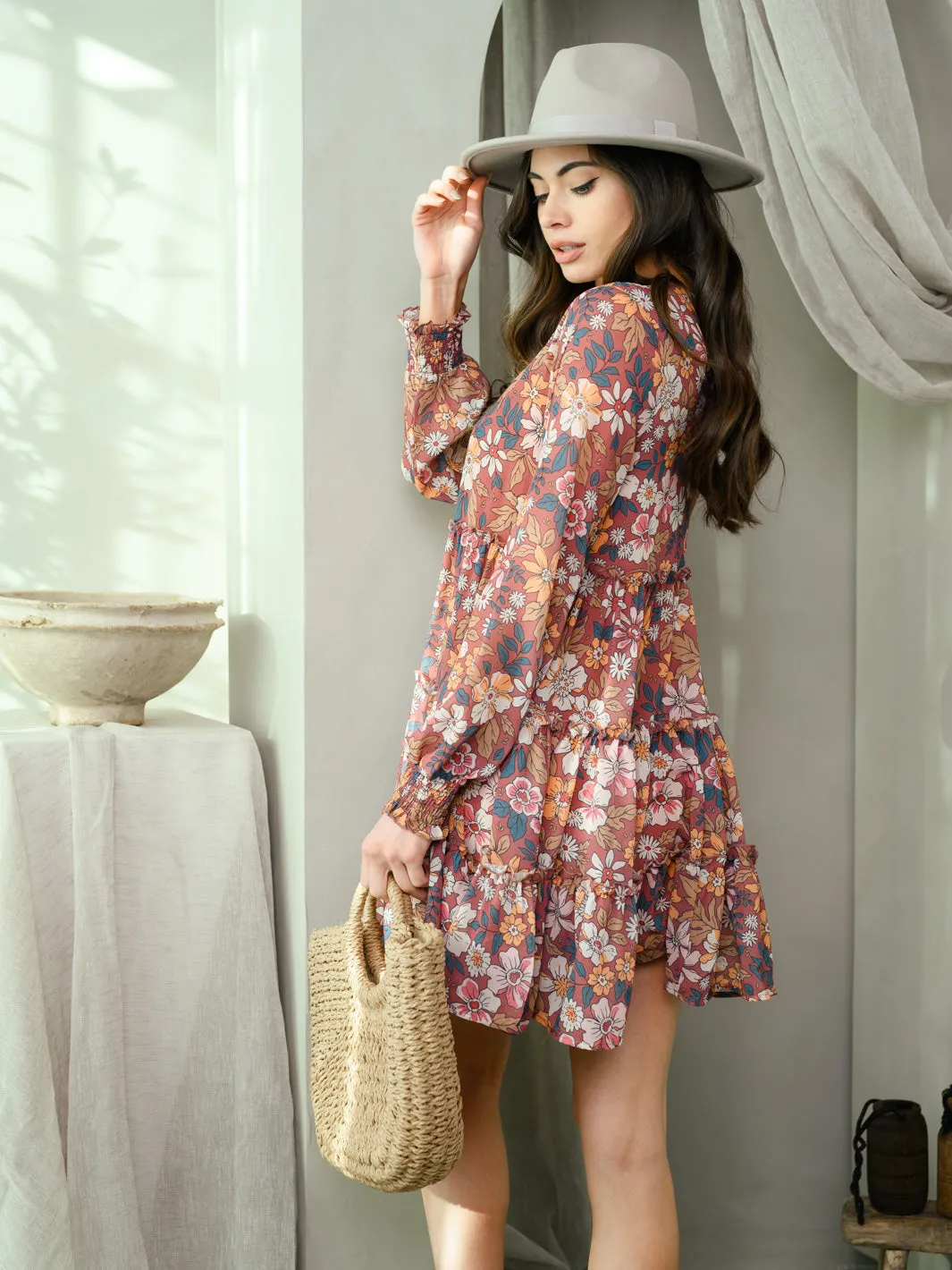 WOMEN'S LONG SLEEVE RETRO FLORAL MINI DRESS