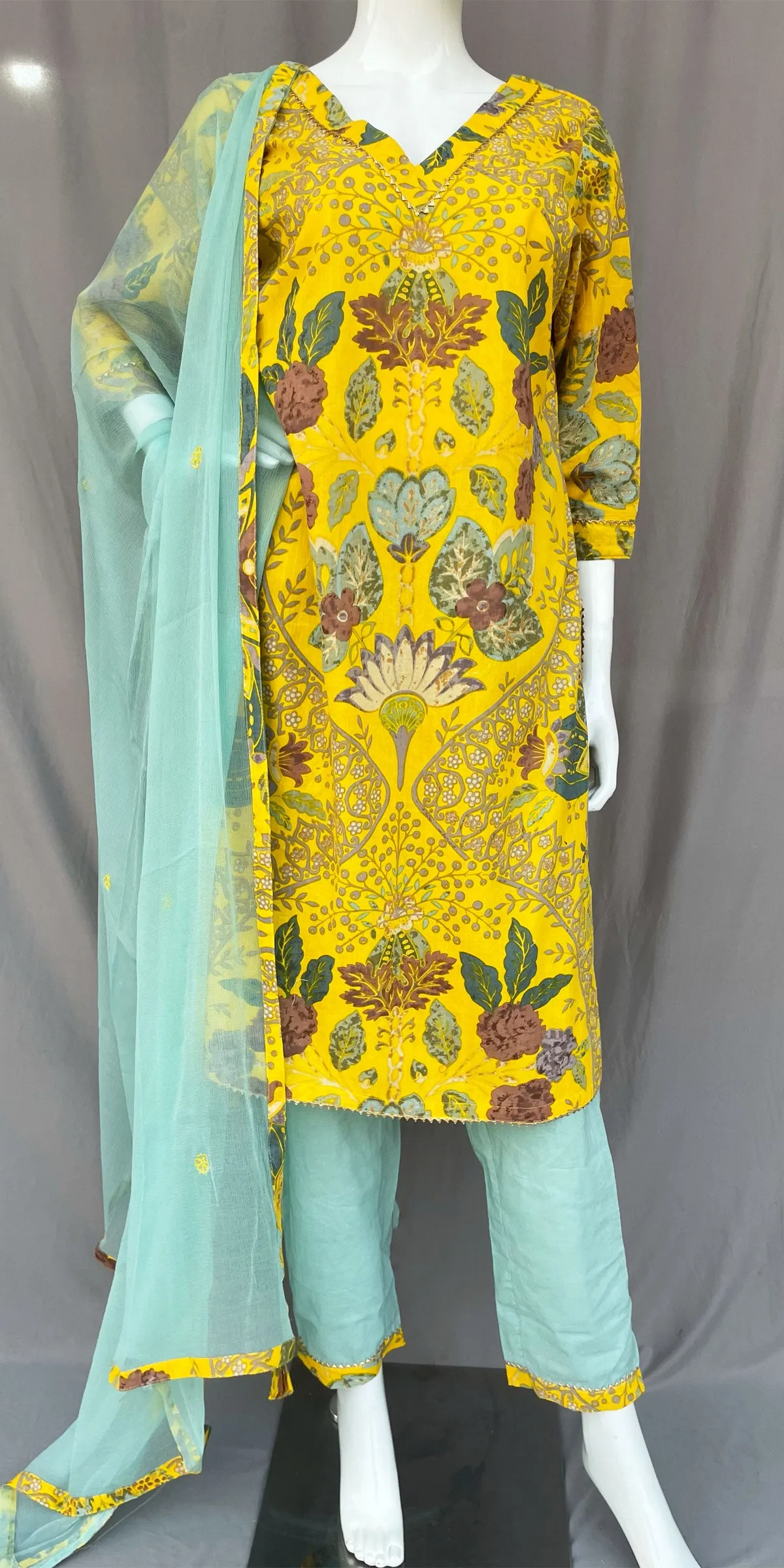 Yellow and Cyan Pure Cotton Indian Straight Pant Suit