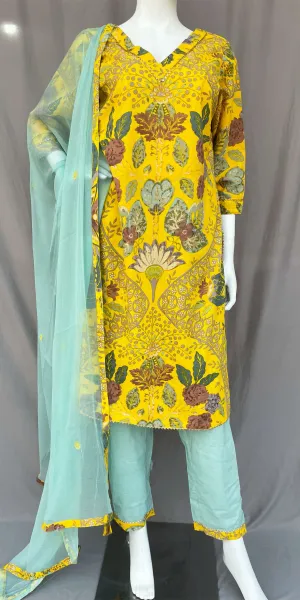 Yellow and Cyan Pure Cotton Indian Straight Pant Suit