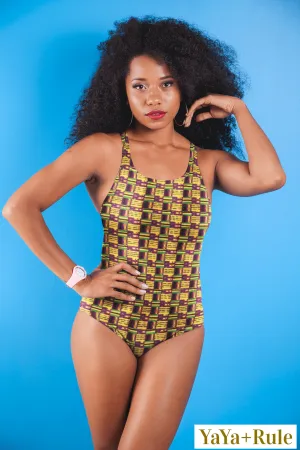 Yellow Purple Kente African Print One-Piece Swimsuit