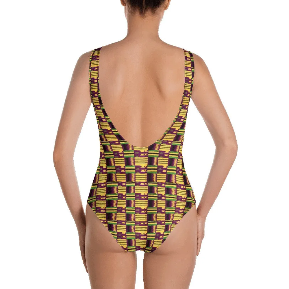Yellow Purple Kente African Print One-Piece Swimsuit