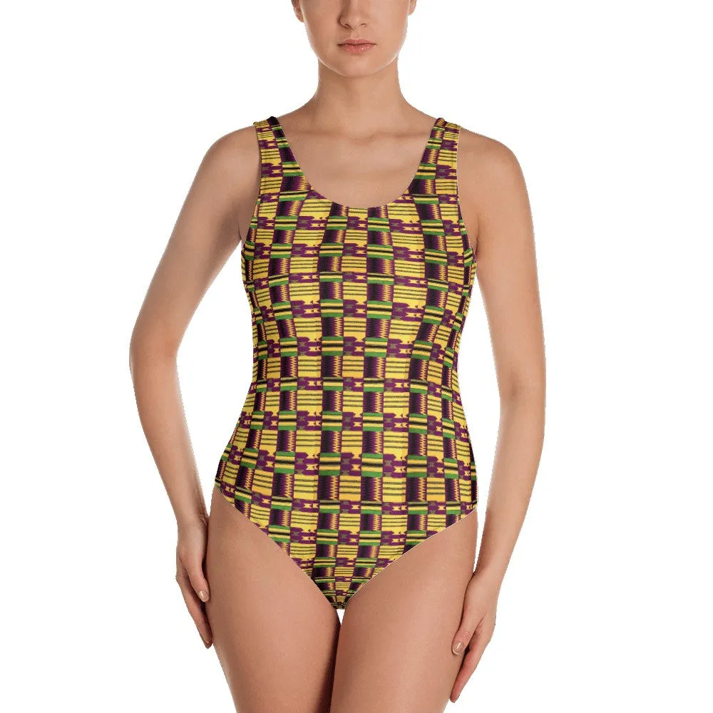 Yellow Purple Kente African Print One-Piece Swimsuit